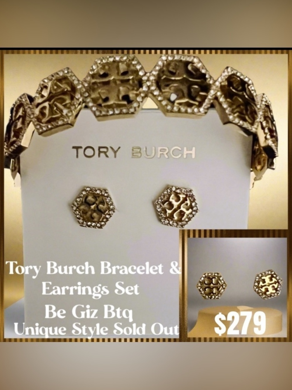 TORY BURCH Hexagon Pave Frozen Logo Bracelet & Hex Stud Earrings Gold & Pavè
